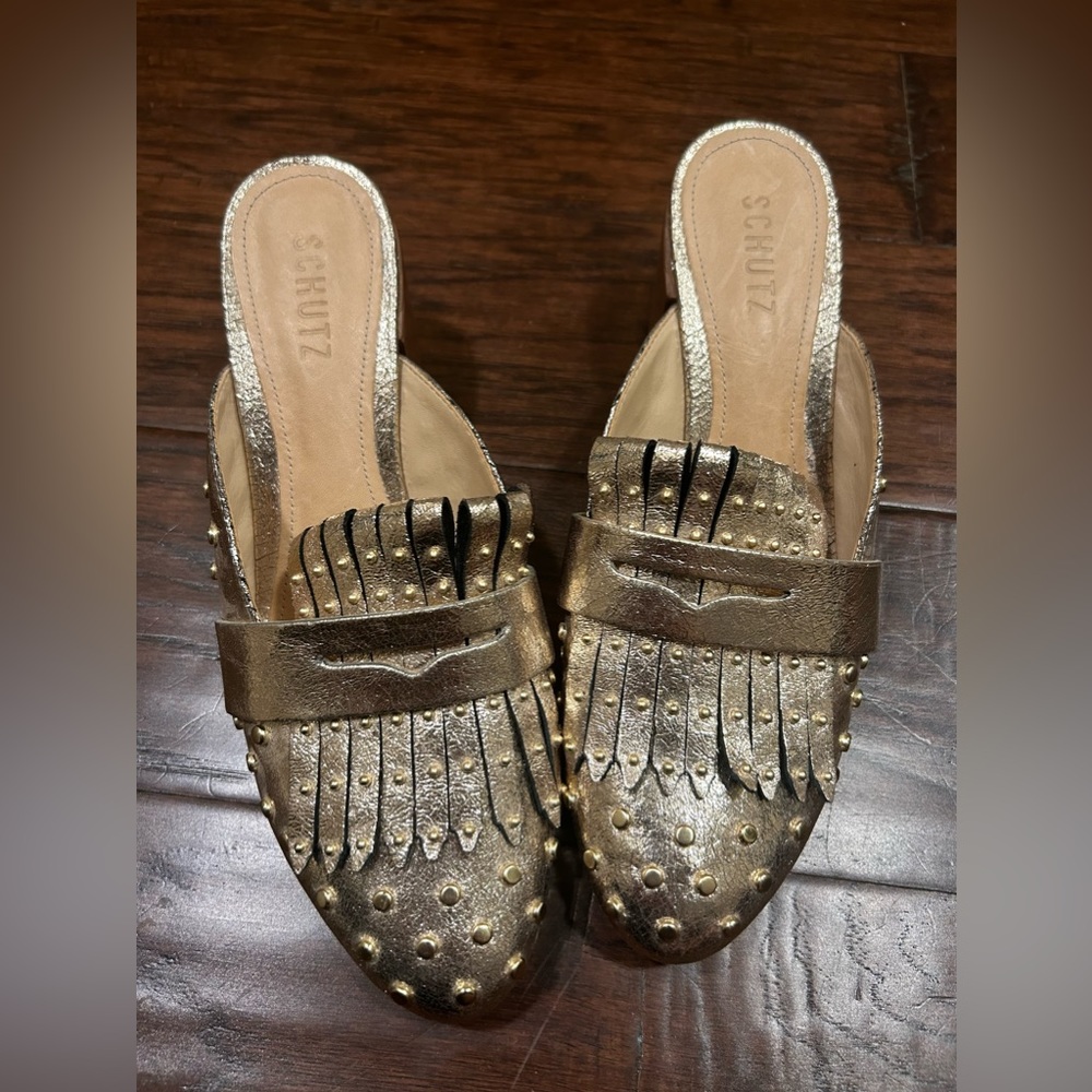 Schutz metallic gold studded mules